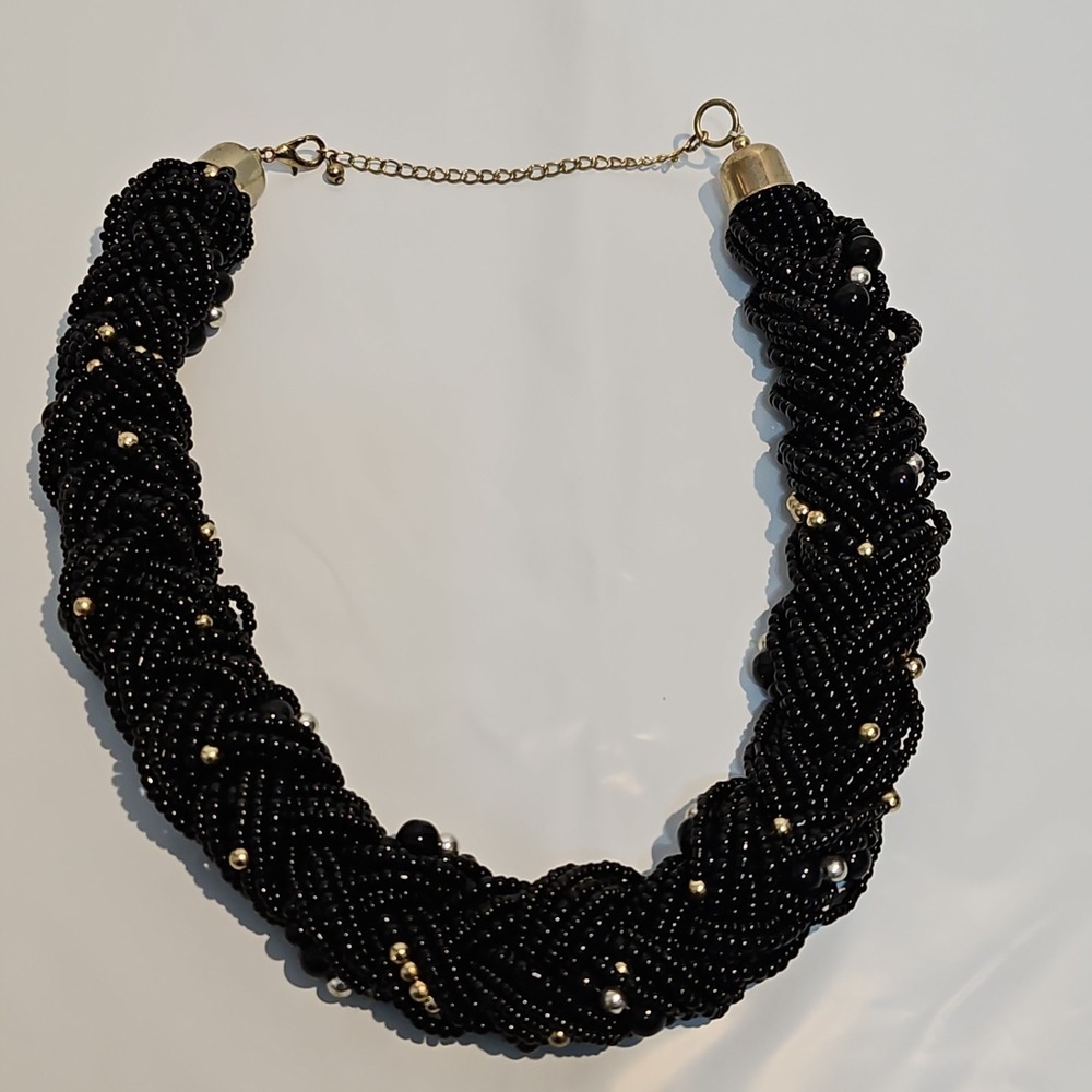 VTG Wide Black Choker Necklace Braided Seed Beads 17" Adjustable 3.25" Extender